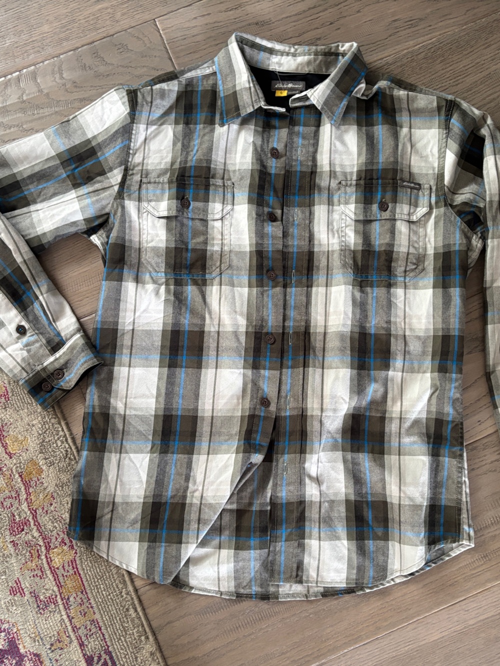 Eddie Bauer Men's Plaid Button-Down Shirt in Gray, Black & Blue